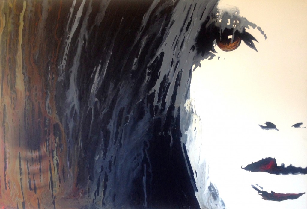 Stunning art wallpaper — dramatic close-up portrait painting of a woman with cascading dark hair, amber eye, and expressive impasto brushwork