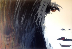 Stunning art wallpaper — dramatic close-up portrait painting of a woman with cascading dark hair, amber eye, and expressive impasto brushwork