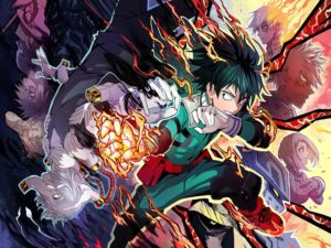 My Hero Academia wallpaper with Deku powering up surrounded by heroes and villains