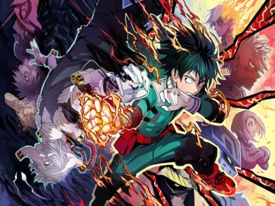 My Hero Academia wallpaper with Deku powering up surrounded by heroes and villains