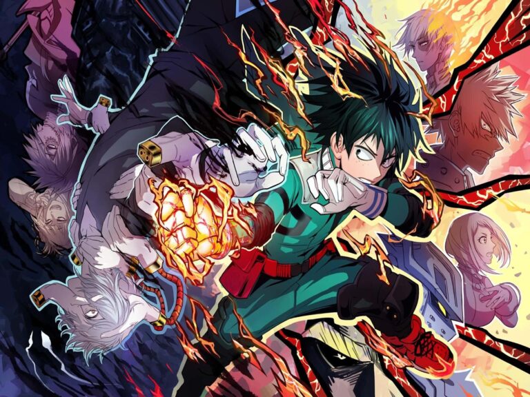 My Hero Academia wallpaper with Deku powering up surrounded by heroes and villains